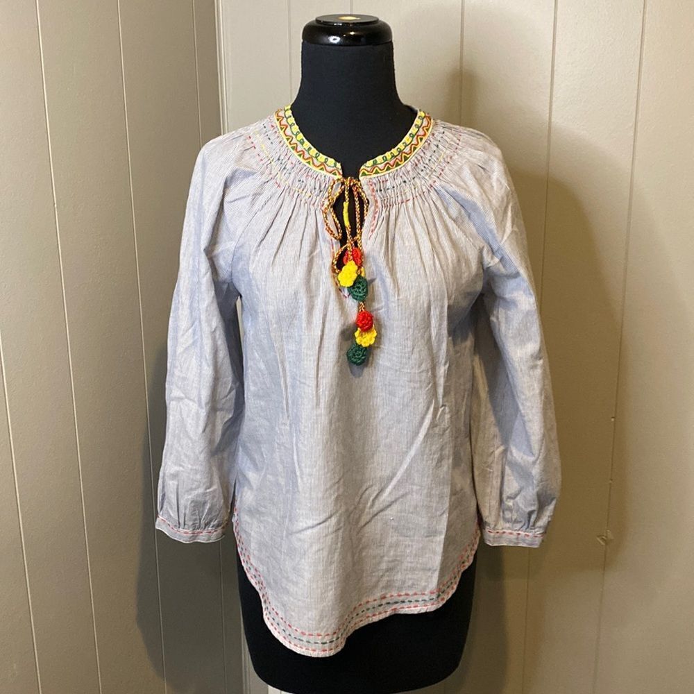 Velvet by Graham & Spencer Neena Embroidered Striped Peasant Blouse Extra Small - Picture 2 of 7
